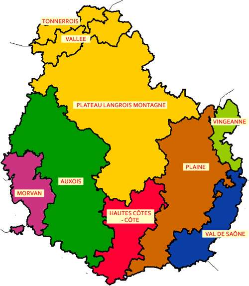 Carte régions agricoles en Côte-d'Or