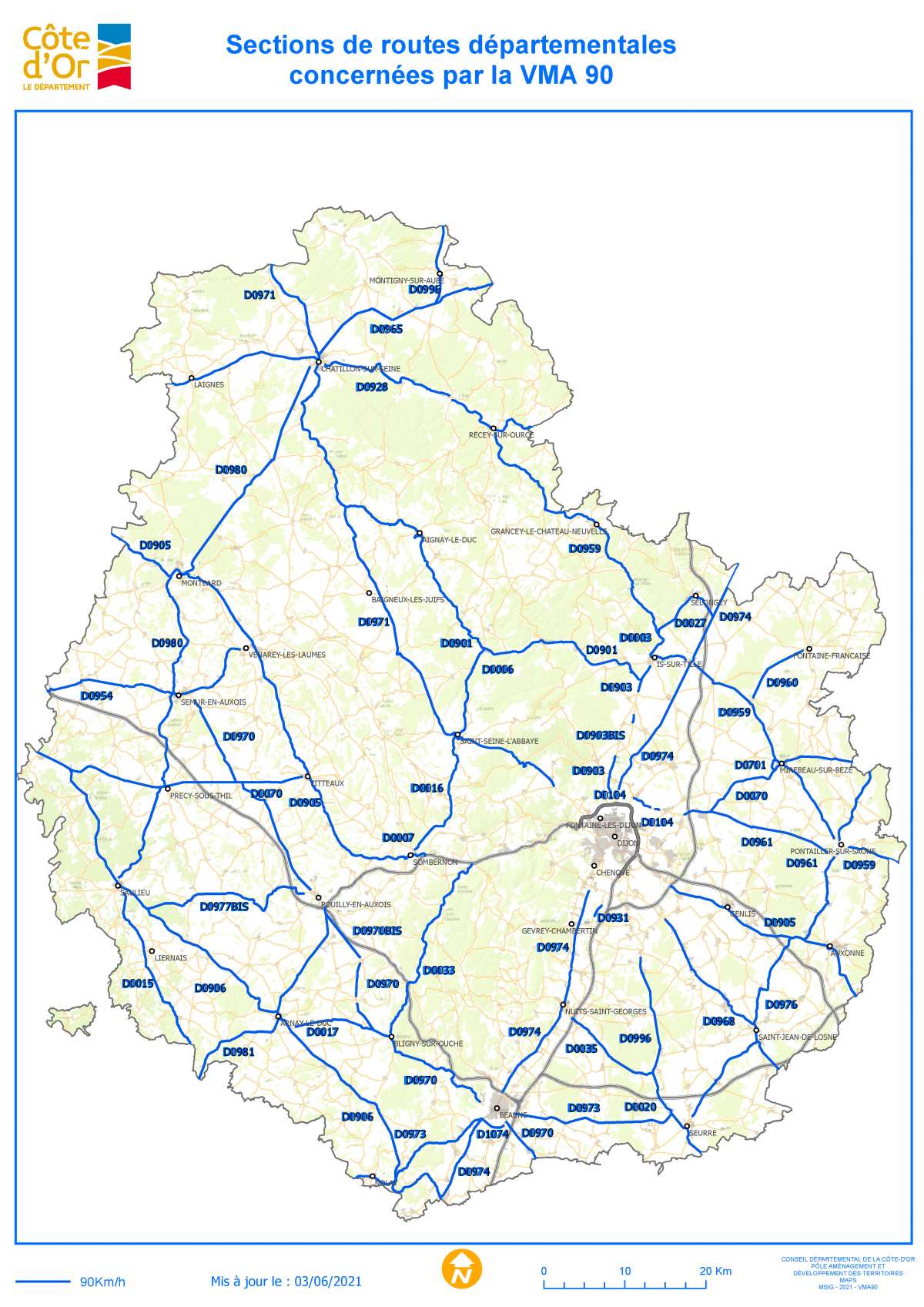 Sections des routes départementales à 90 km-h
